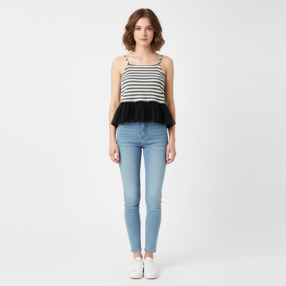 Sunday in Brooklyn Striped Black and White Tulle Hem Tank Top